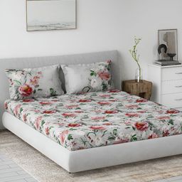 DDecor Red & Grey Floral Printed 144 TC Queen Bedsheet with 2 Pillow Covers-picture-19