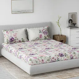 DDecor Purple & White Floral Cotton144 TC Queen Bedsheet with 2 Pillow Covers-picture-2