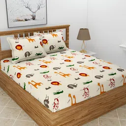 BREVARD Off White & Red Conversational 210 TC Queen Bedsheet with 2 Pillow Covers-image-46
