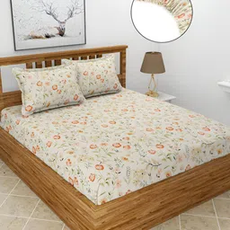 BREVARD Off White Floral Polycotton Fitted 210 TC Queen Bedsheet with 2 Pillow Covers-image-14