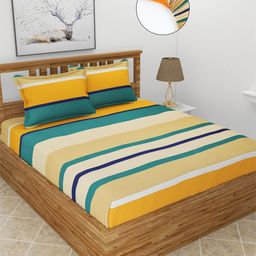 MORADO Yellow & Teal Striped 210 TC Queen Fitted Bedsheet with 2 Pillow Covers-picture-3