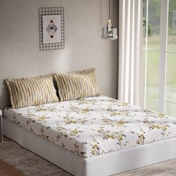 DDecor White & Yellow Floral 140 TC Cotton Queen Bedsheet with 2 Pillow Covers-picture-35