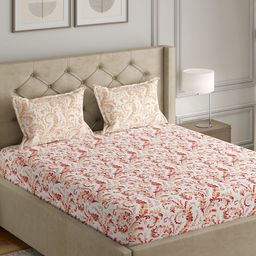 GM White & Red Printed Cotton 140 TC Queen Bedsheet with 2 Pillow Covers-picture-1
