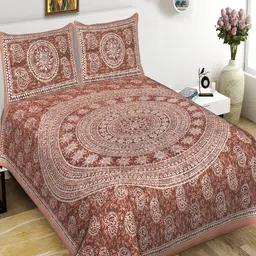 Qfab Brown & White Ethnic Motifs Cotton 144 TC Queen Bedsheet with 2 Pillow Covers-picture-18