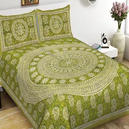 Qfab Green & White Ethnic Motifs Cotton 144 TC Queen Bedsheet With 2 Pillow Covers-picture-40