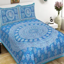 Qfab Blue & White Ethnic Motifs Cotton 144 TC Queen Bedsheet with 2 Pillow Covers-image-14
