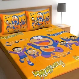 Runjhun Blue & Orange Cartoon Characters Cotton 180 TC Queen Bedsheet With 2 Pillow Covers-image-71