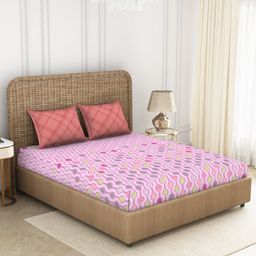 SPACES Pink & Peach-Coloured 144 TC Queen Abstract Cotton Bedsheet with 2 Pillow Covers-picture-27