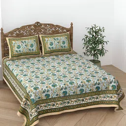CURIOUS LIFESTYLE Blue & White Floral 300 TC Cotton Flat King Bedsheet & 2 Pillow Covers-image-67