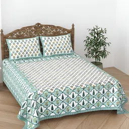CURIOUS LIFESTYLE Blue & White Floral 300 TC Cotton King Bedsheet & 2 Pillow Covers-image-86