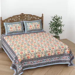 CURIOUS LIFESTYLE Beige & Blue Floral 300 TC King Bedsheet with 2 Pillow Covers-image-94