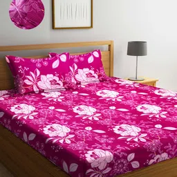 Arrabi Pink Floral 300 TC King Size Fitted Bedsheet with 2 Pillow Covers-image-48