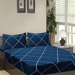 Innovative Edge Blue Geometric 160 TC Cotton King Fitted Bedsheet with 2 Pillow Covers-picture-18