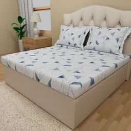 Himeya Blue & White Geometric Cotton 180 TC King Bedsheet with 2 Pillow Covers-image-6