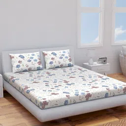 Himeya Blue & Off White Floral Pure Cotton 120 TC King Bedsheet with 2 Pillow Covers-image-73