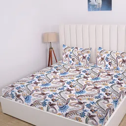 RD TREND White & Blue Floral Cotton 210 TC King Bedsheet with 2 Pillow Covers-picture-14