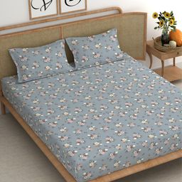 CHHAVI INDIA Grey & White Floral 210 TC Cotton King Flat Bedsheet with 2 Pillow Covers-picture-6