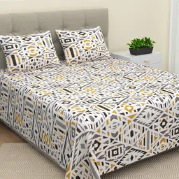 BELLA CASA valence White & Grey Geometric Cotton 220 TC King Bedsheet with 2 Pillow Covers image 1
