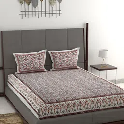 Wayne Martin Grey & Maroon Floral Pure Cotton Double King Bedsheet with 2 Pillow Covers-image-51