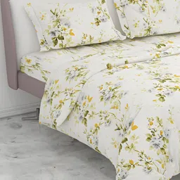 Ariana Grey & Yellow Floral Cotton 300 TC King Bedsheet With 2 Pillow Covers-picture-29