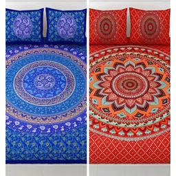 Runjhun Blue & Red Floral Cotton 2 King Bedsheet with 4 Pillow Covers-picture-41