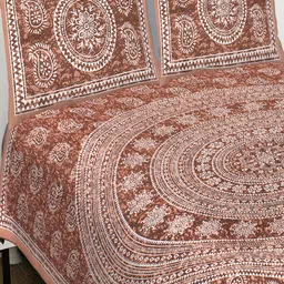 Qfab Brown & White Ethnic Motifs Cotton 144 TC Queen Bedsheet with 2 Pillow Covers image 4