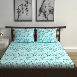 Divine Casa Turquoise Blue & Green Floral 144 TC Queen Bedsheet with 2 Pillow Covers image 2