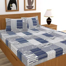 MORADO Blue & Off White 210 TC Queen Fitted Bedsheet with 2 Pillow Covers image 4