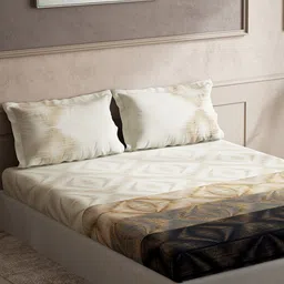 DDecor Brown & Beige Geometric Cotton 140 TC King Bedsheet With 2 Pillow Covers image 4