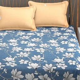 Florida Orange & Blue Floral Cotton 144 TC King Bedsheet With 2 Pillow Covers image 3
