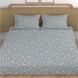 CHHAVI INDIA Grey & White Floral 210 TC Cotton King Flat Bedsheet with 2 Pillow Covers image 2