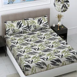 FABINALIV White & Green Floral 300 TC Fitted King Bedsheet With 2 Pillow Covers image 2