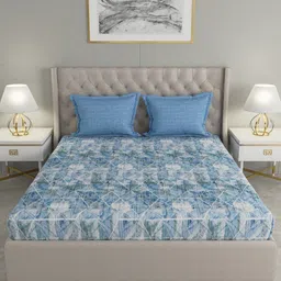 GM Blue Geometric 144 TC Cotton 1 Super Queen Bedsheet with 2 Pillow Covers image 2