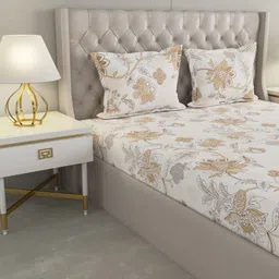Raymond Home White & Yellow Floral Cotton 104 TC Queen Bedsheet With 2 Pillow Covers image 4