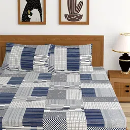 MORADO Blue & Off White 210 TC Queen Fitted Bedsheet with 2 Pillow Covers image 3