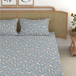 CHHAVI INDIA Grey & White Floral 210 TC Cotton King Flat Bedsheet with 2 Pillow Covers image 4
