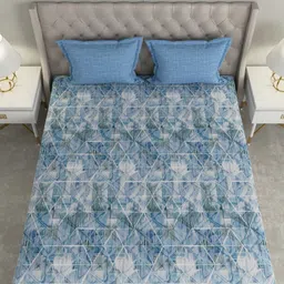 GM Blue Geometric 144 TC Cotton 1 Super Queen Bedsheet with 2 Pillow Covers image 3