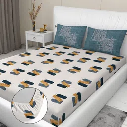 RD TREND Off White Printed 210 TC Pure Cotton Fitted King Bedsheet & 2 Pillow Covers image 4