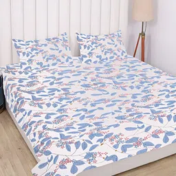 RD TREND White & Blue Floral Printed 210 TC Cotton King Bedsheet with 2 Pillow Covers image 4