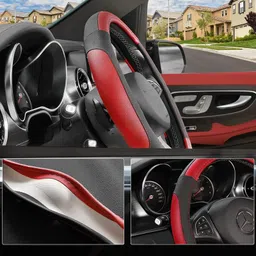 ECONOUR Leather Universal Steering Wheel Cover for Car, Medium (14.5" - 15.5"), Leather, Anti Slip Steering Cover - (Model - Double Color) for Maru ti Suzki Swift Black Red Color image 5