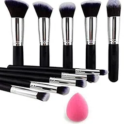 URBANMAC Fiber Bristle Makeup Brushes Set Tool Pro Foundation Eyeliner Eyeshadow (Black) with Sponge Puff- Black, 10 Pieces image 1