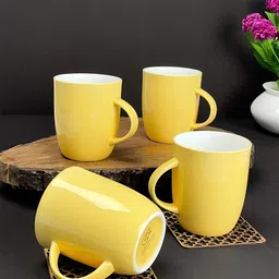 CLAY CRAFT Set Of 4 Yellow & White Solid Ceramic Glossy Mugs-image-47