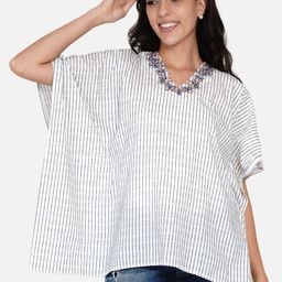 The Kaftan Company White and Black Striped Embroidered Pure Cotton Kaftan Top-picture-49