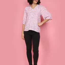 V-Mart Floral Printed V-Neck Flared Sleeves Schiffli Detail High-Low Top image 5