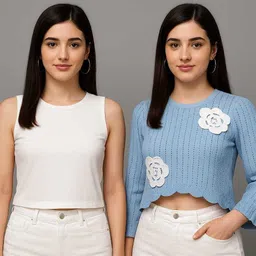 jileba international Casual Regular Sleeves Self Design, Embellished, Solid Women Black, White Top image 1