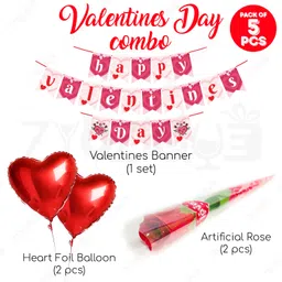 zyozique Red, Pink Happy Valentine’s Day Decorations Combo Banner, Heart Foil Balloons (Pack Of 5) image 2