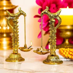 deco decor Hanging Diya & Polish Set Of 2 Golden & Diya For Pooja Gift & Pooja Items & Home Decorative Showpiece - 9 cm image 1