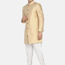 TAHVO Gold-Color & White Cotton Sherwani Set image 3