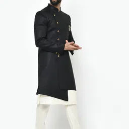 KISAH Men Black & White Solid Cotton Sherwani Set image 3