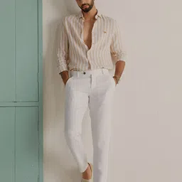 Andamen Premium Men Slim Fit Vertical Stripes Linen Cutaway Collar Shirt image 1